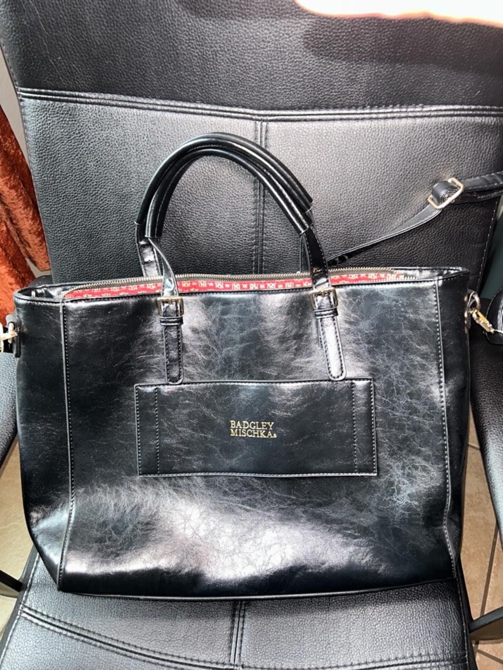 Badgley Mischka Black Leather Satchel with Gold Logo